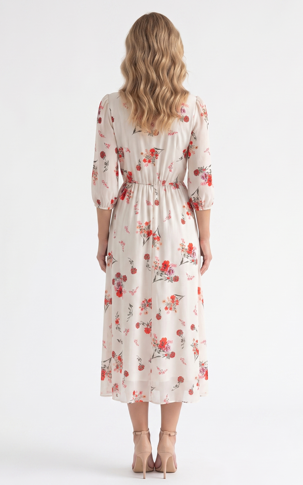Rochie de vara, din satin subtire cu elastic in talie Hayes midi flori rosii [4]