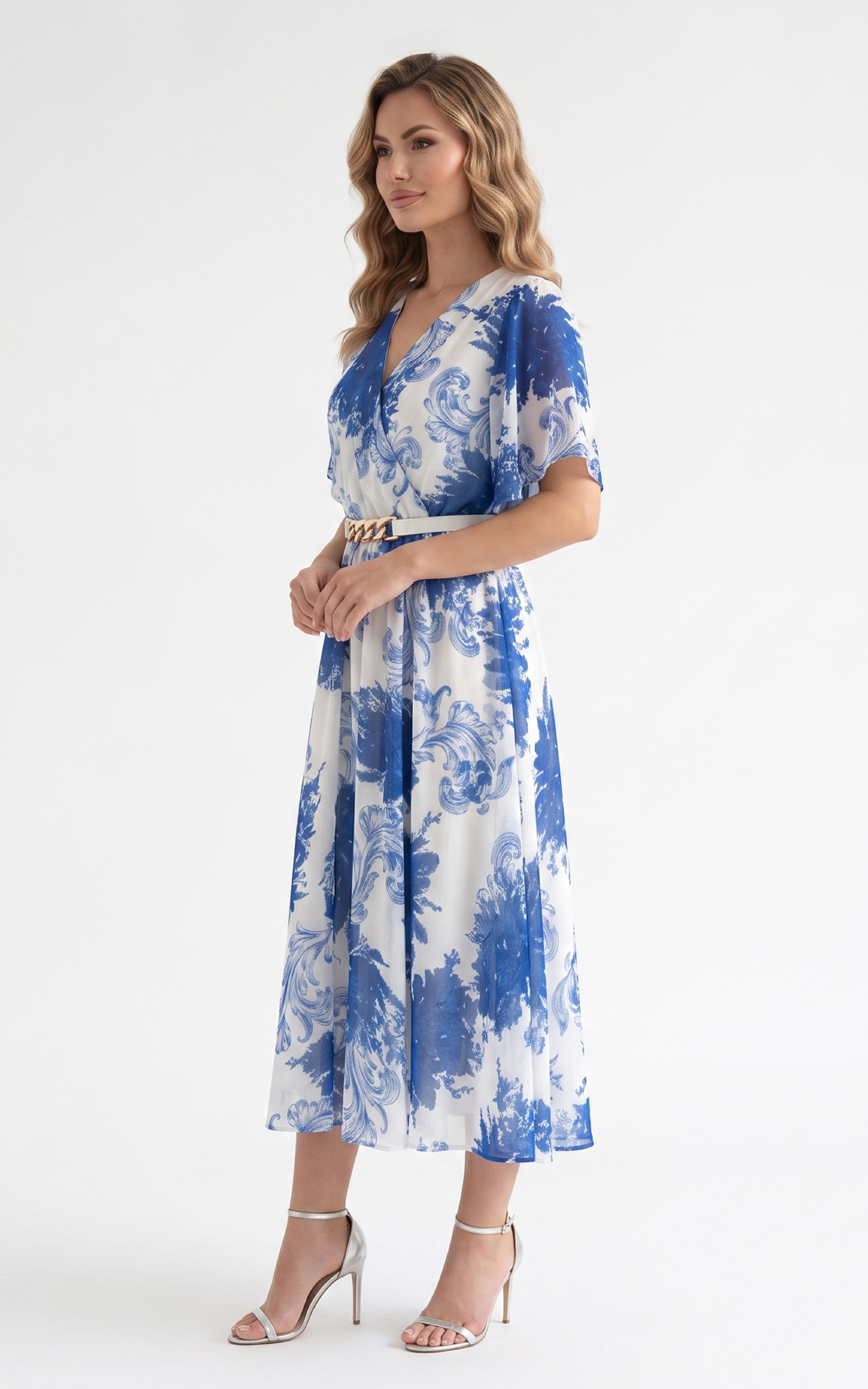 Rochie de vara, din voal vaporos cu elastic in talie Harmonie midi albastra [2]