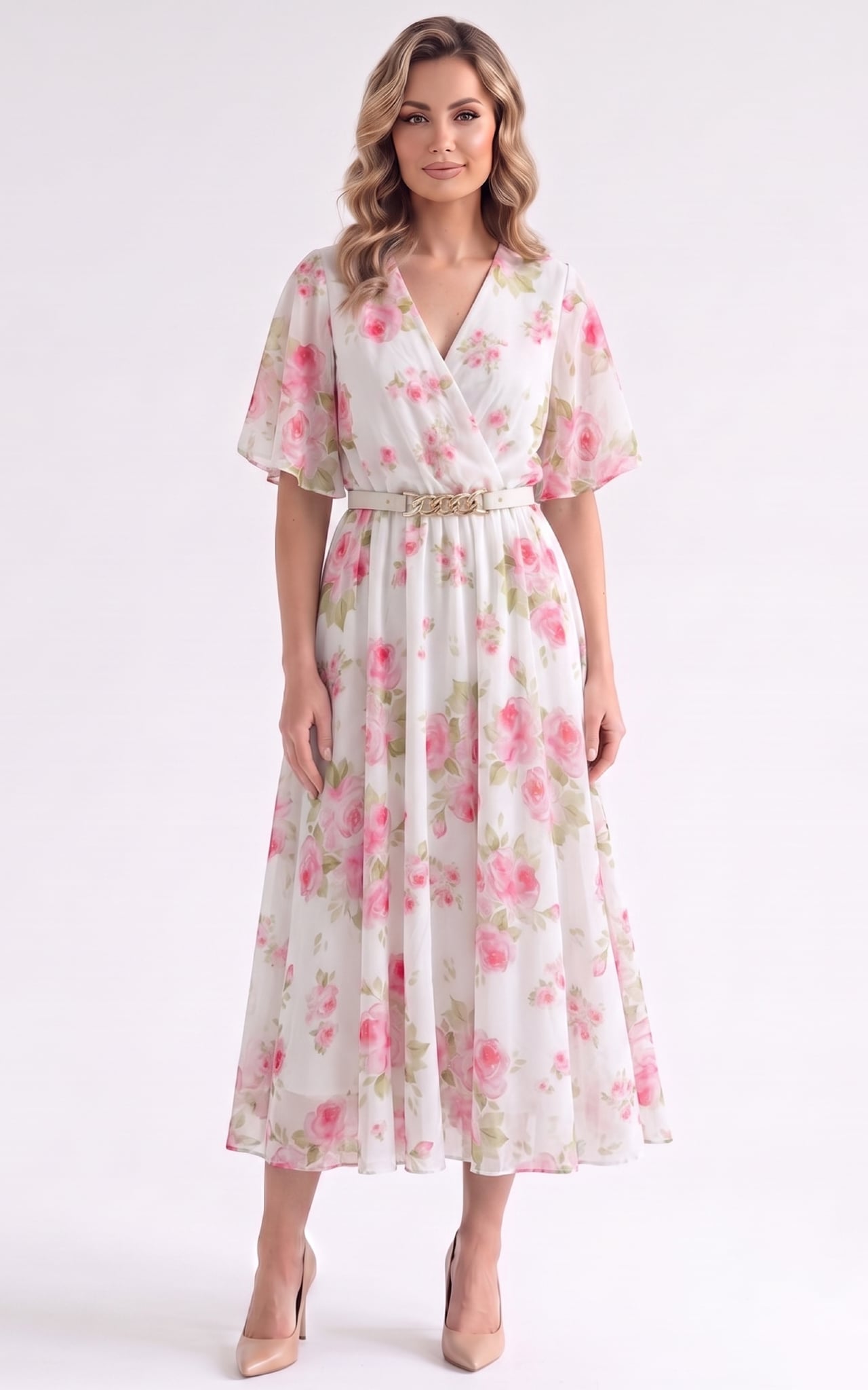 Rochii de banchet - Rochie de vara, din voal vaporos cu elastic in talie Harmonie midi trandafiri