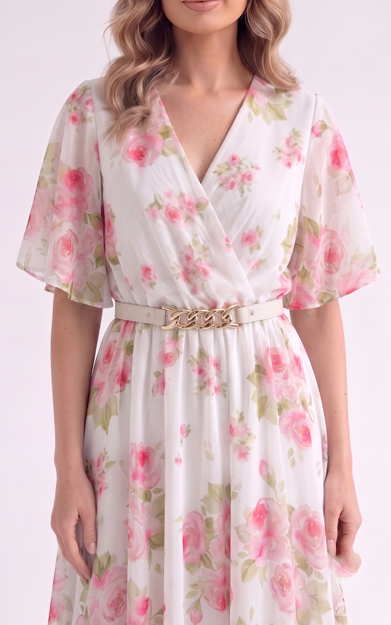 Rochie de vara, din voal vaporos cu elastic in talie Harmonie midi trandafiri [2]