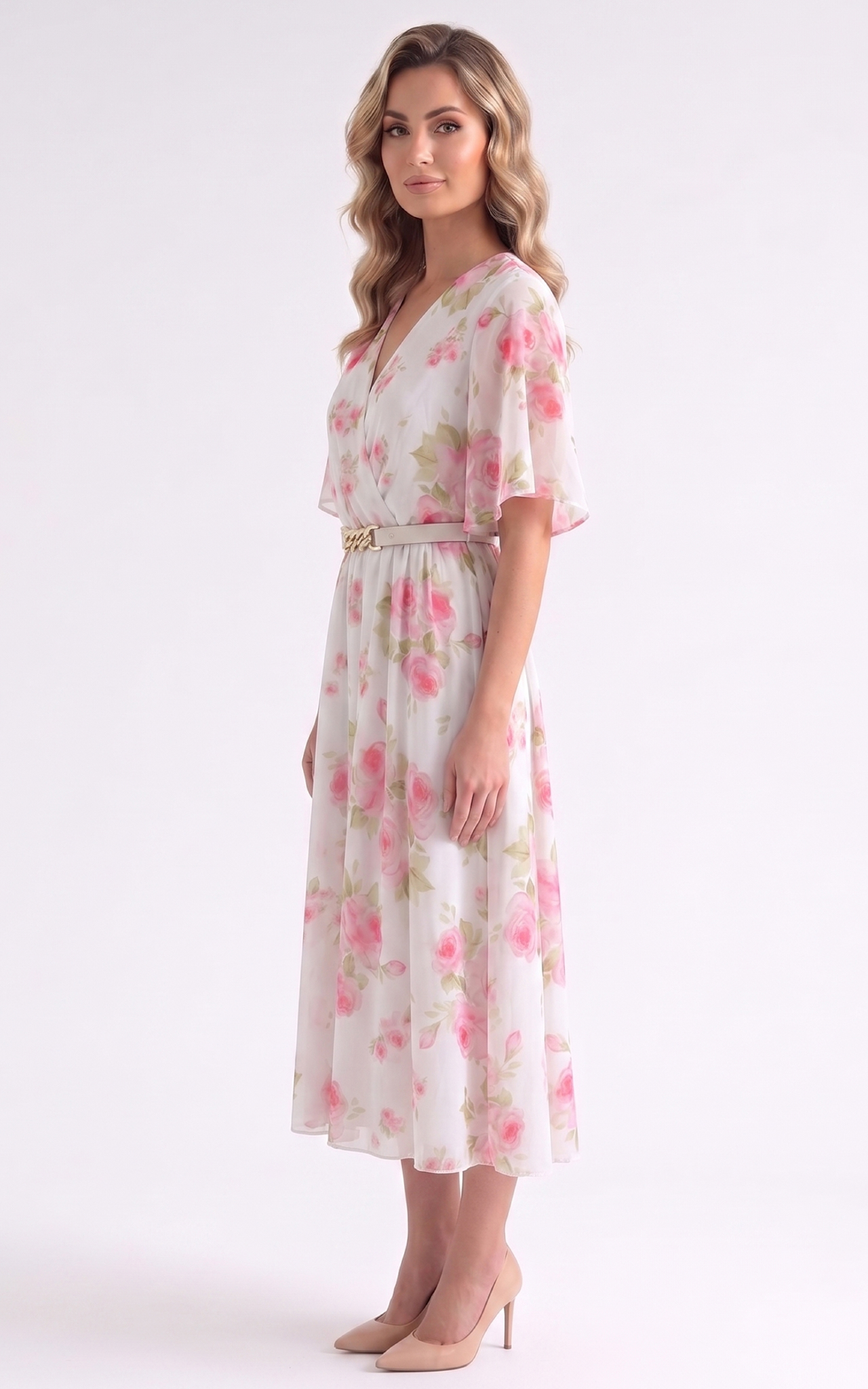 Rochie de vara, din voal vaporos cu elastic in talie Harmonie midi trandafiri [3]