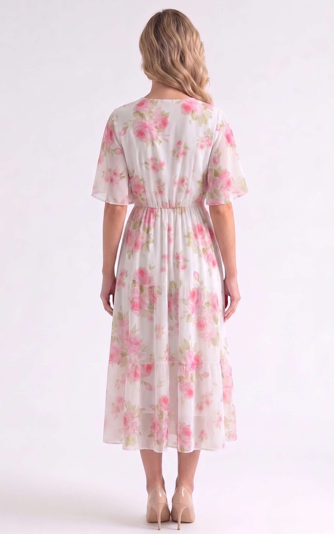 Rochie de vara, din voal vaporos cu elastic in talie Harmonie midi trandafiri [4]