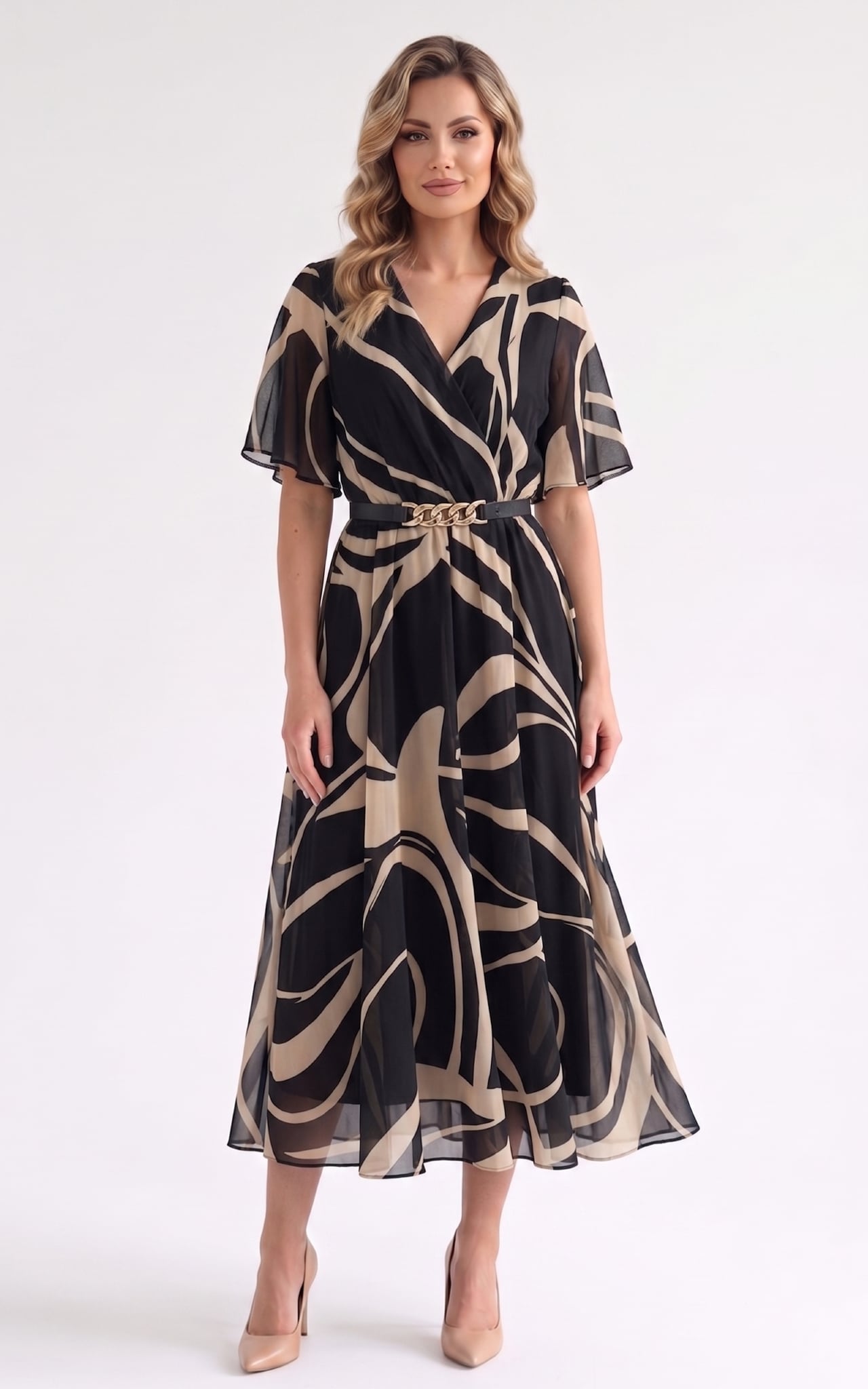 Rochii de banchet - Rochie de vara, din voal vaporos cu elastic in talie Harmonie midi neagra