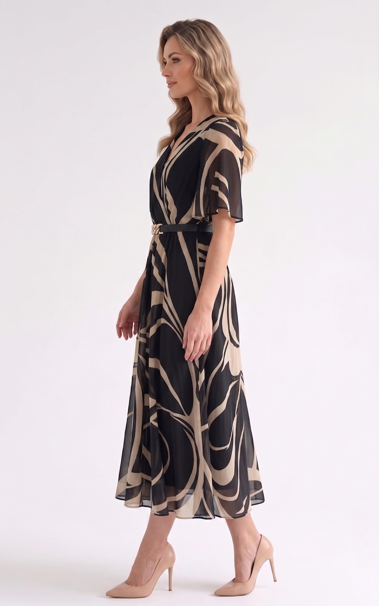 Rochie de vara, din voal vaporos cu elastic in talie Harmonie midi neagra [3]