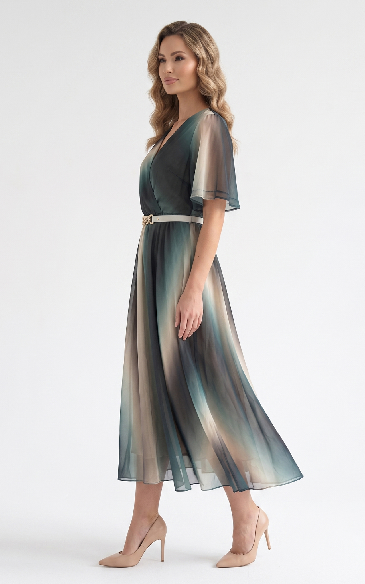 Rochie de vara, din voal vaporos cu elastic in talie Harmonie midi verde [2]