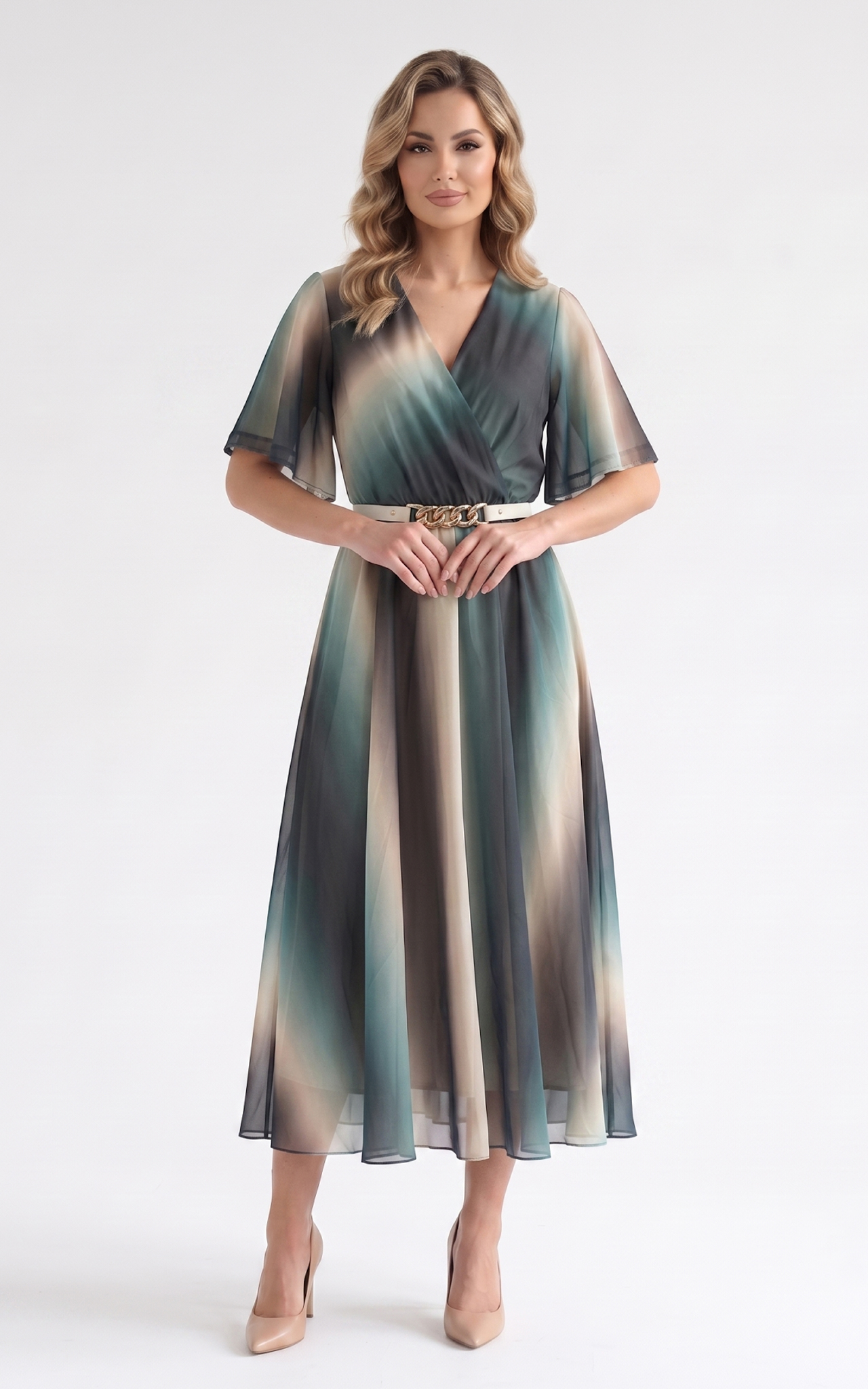 Rochie de vara, din voal vaporos cu elastic in talie Harmonie midi verde [4]