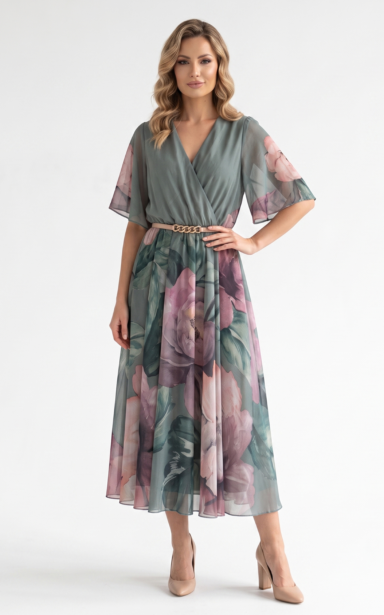 Rochie de vara, din voal vaporos cu elastic in talie Harmonie midi vernil [2]