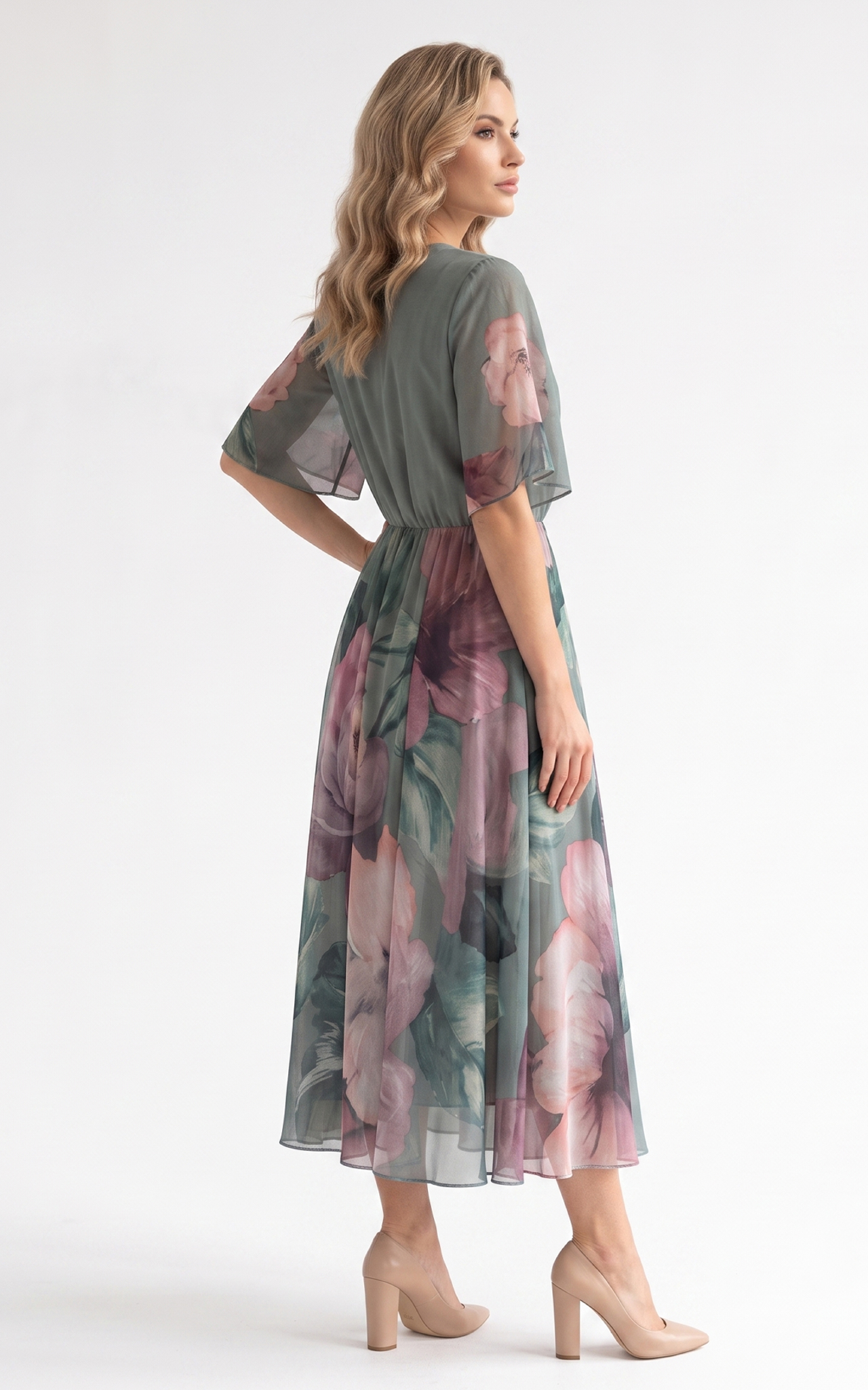 Rochie de vara, din voal vaporos cu elastic in talie Harmonie midi vernil [4]