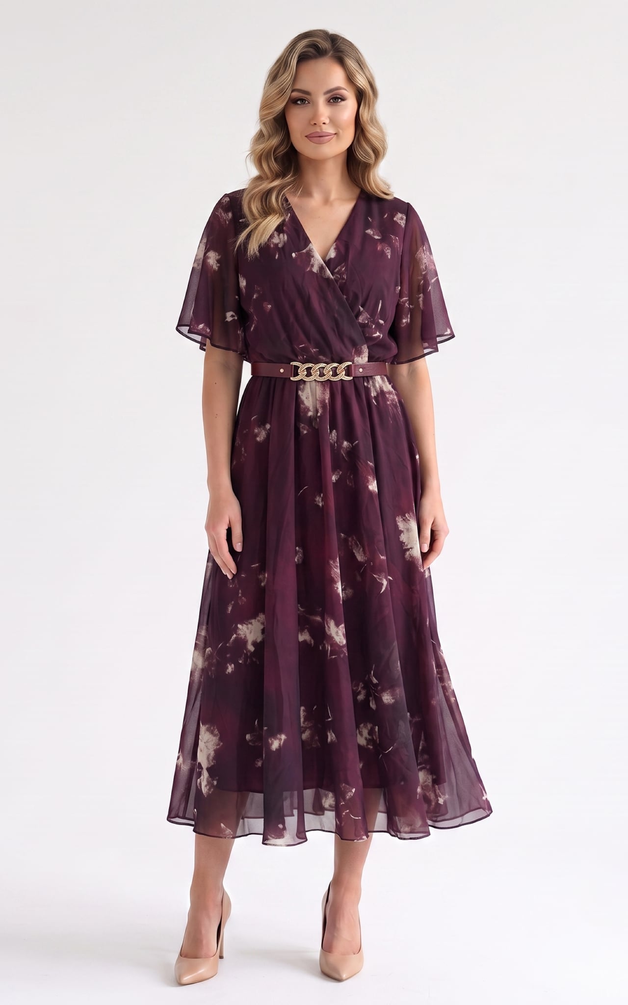 Rochii - Rochie de vara, din voal vaporos cu elastic in talie Harmonie midi bordo
