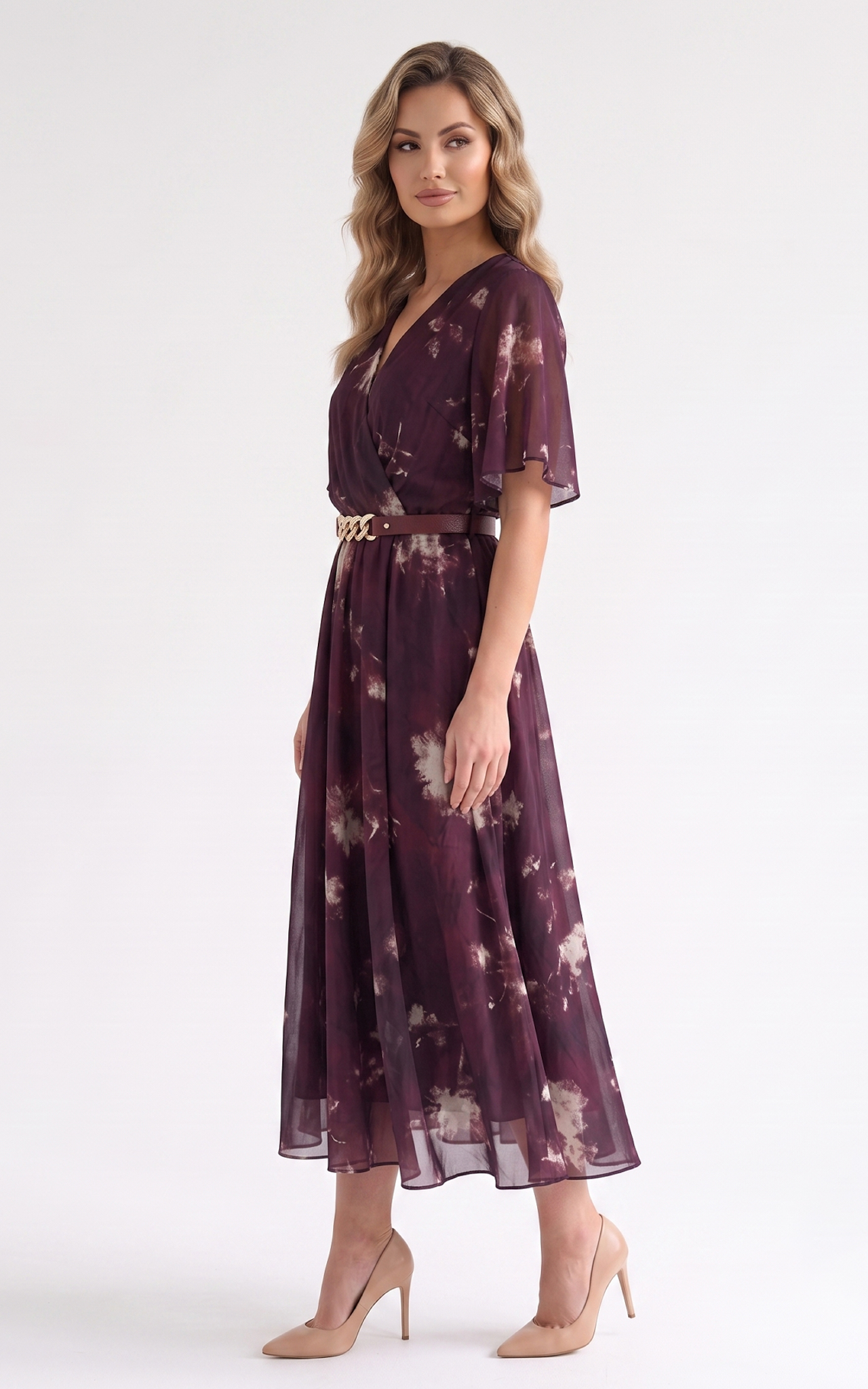 Rochie de vara, din voal vaporos cu elastic in talie Harmonie midi bordo [3]