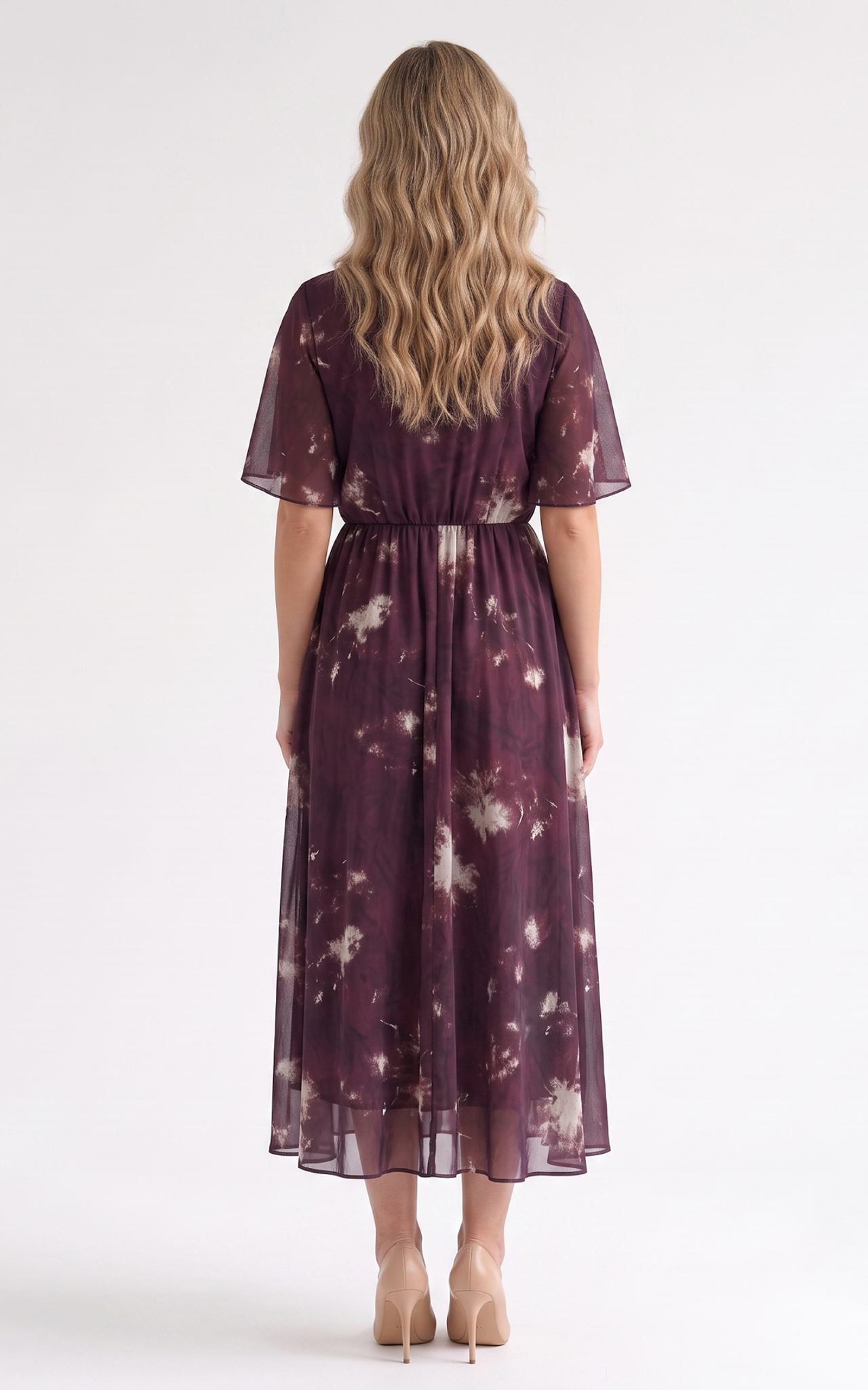 Rochie de vara, din voal vaporos cu elastic in talie Harmonie midi bordo [4]