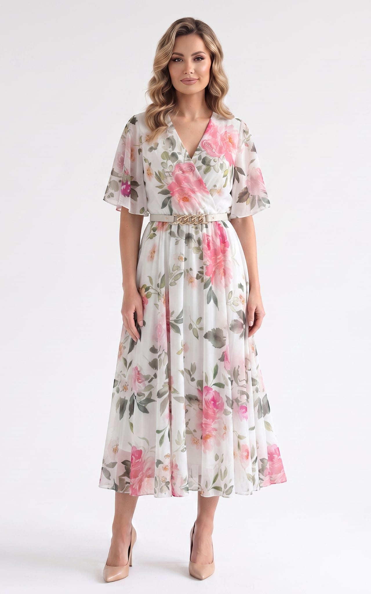 Rochii - Rochie de vara, din voal vaporos cu elastic in talie Harmonie midi alba