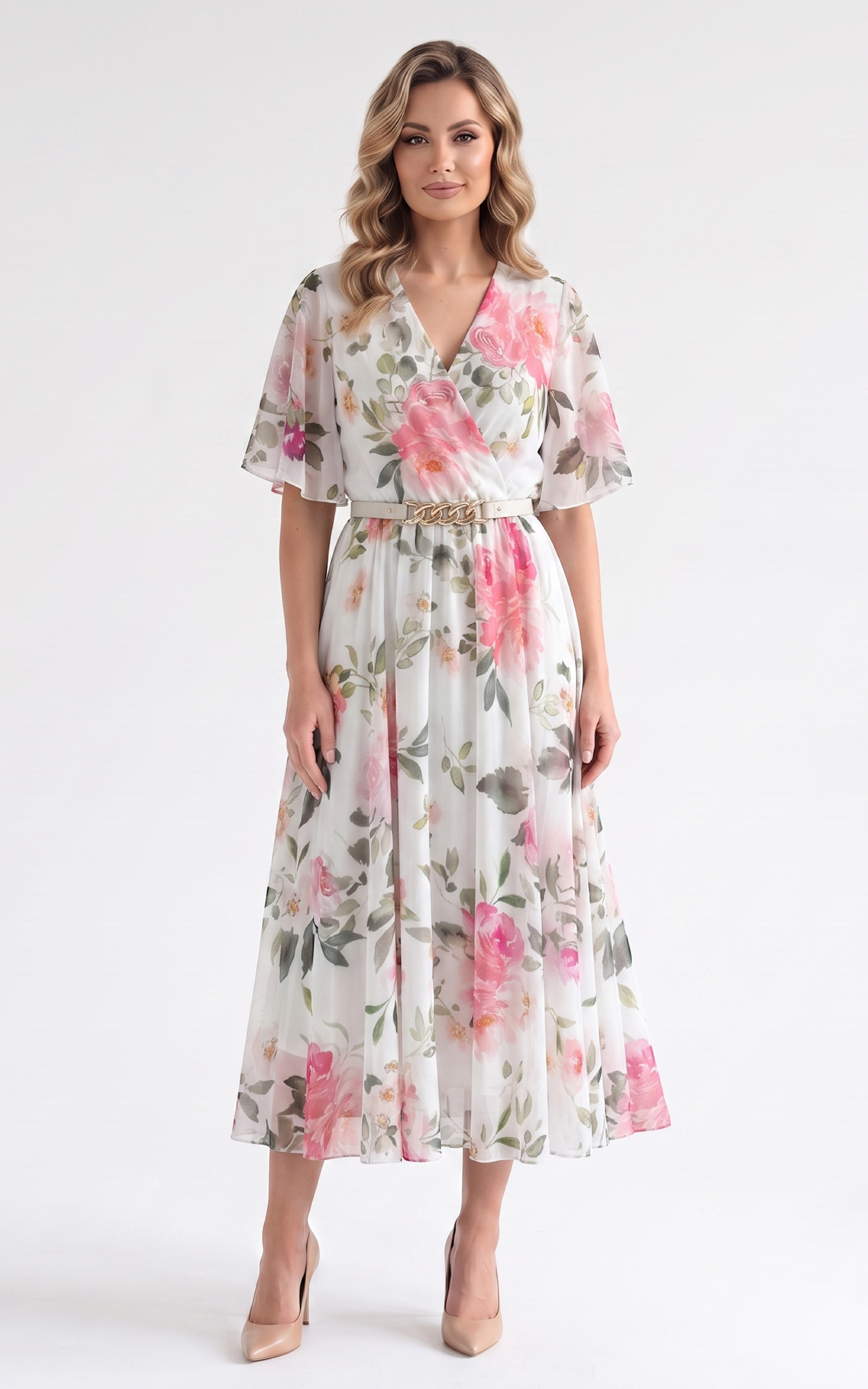 Rochii cununie civila - Rochie de vara, din voal vaporos cu elastic in talie Harmonie midi alba