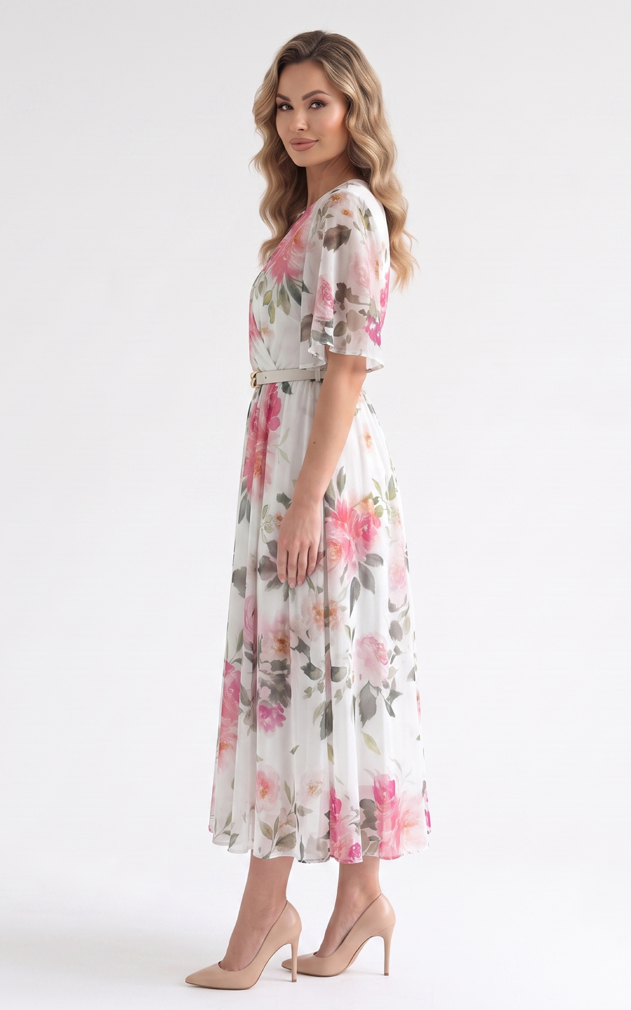 Rochie de vara, din voal vaporos cu elastic in talie Harmonie midi alba [3]