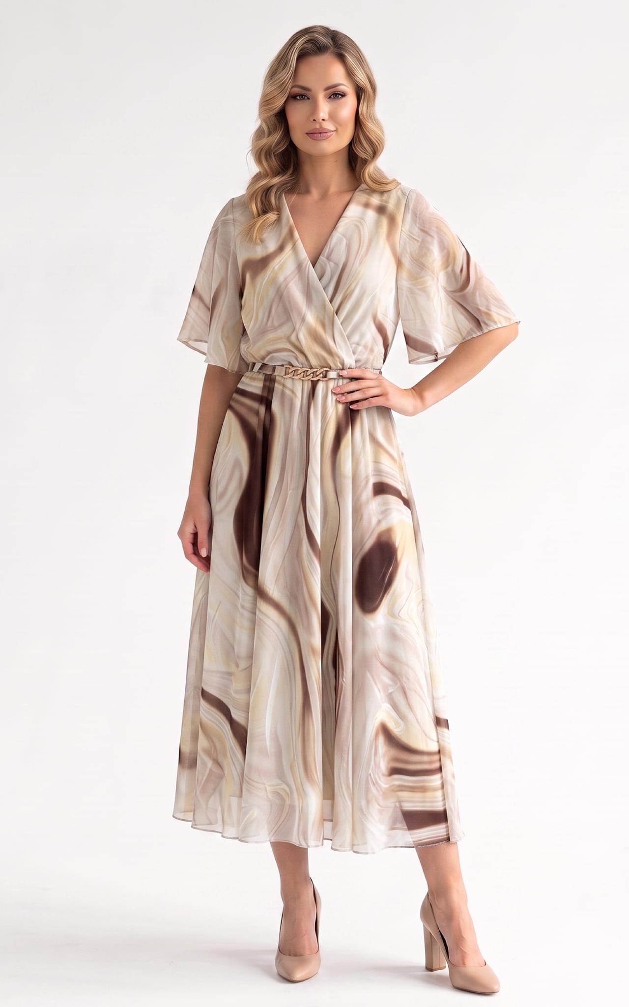 Rochii - Rochie de vara, din voal vaporos cu elastic in talie Harmonie midi crem