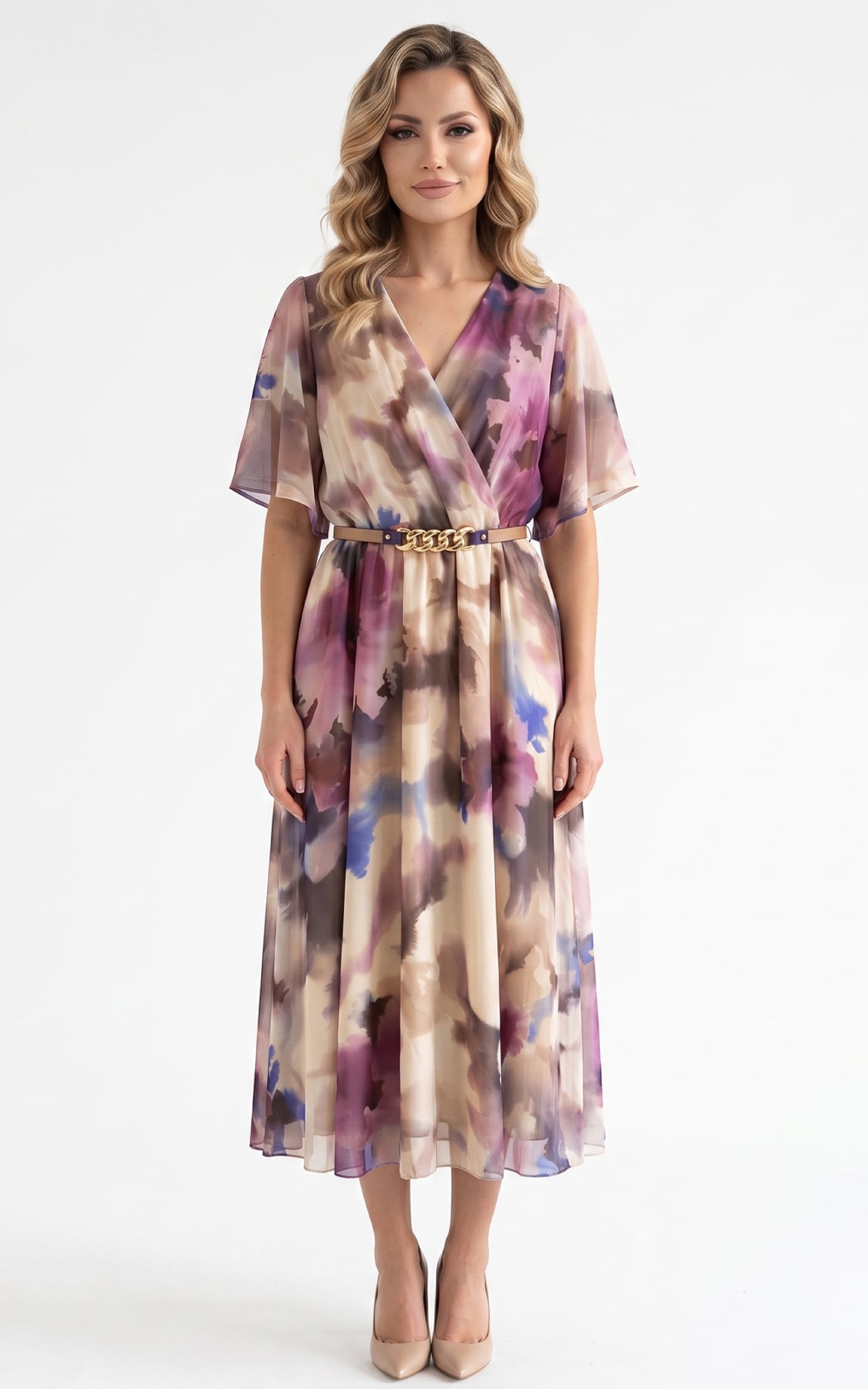 Rochii - Rochie de vara, din voal vaporos cu elastic in talie Harmonie midi mov