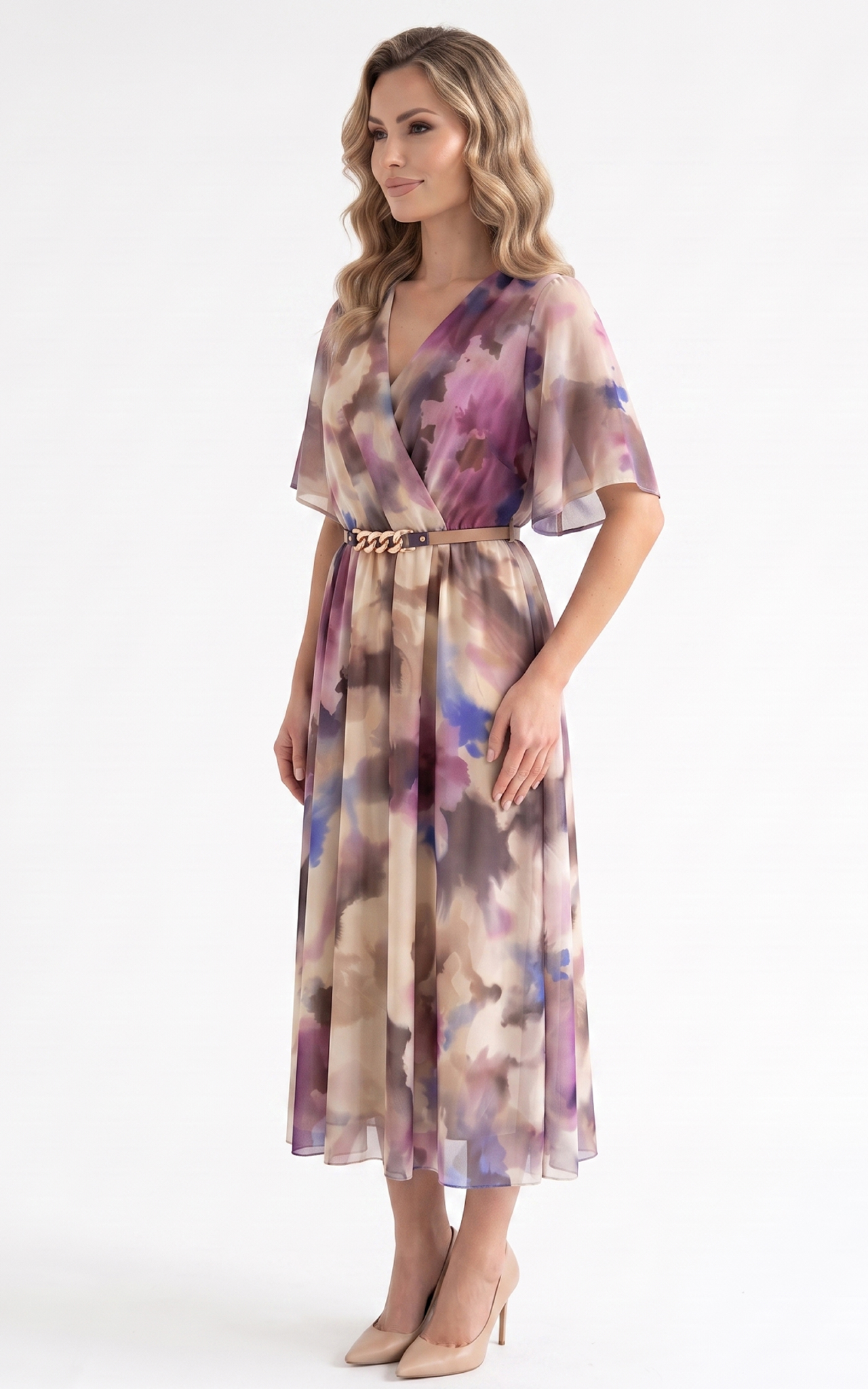 Rochie de vara, din voal vaporos cu elastic in talie Harmonie midi mov [2]