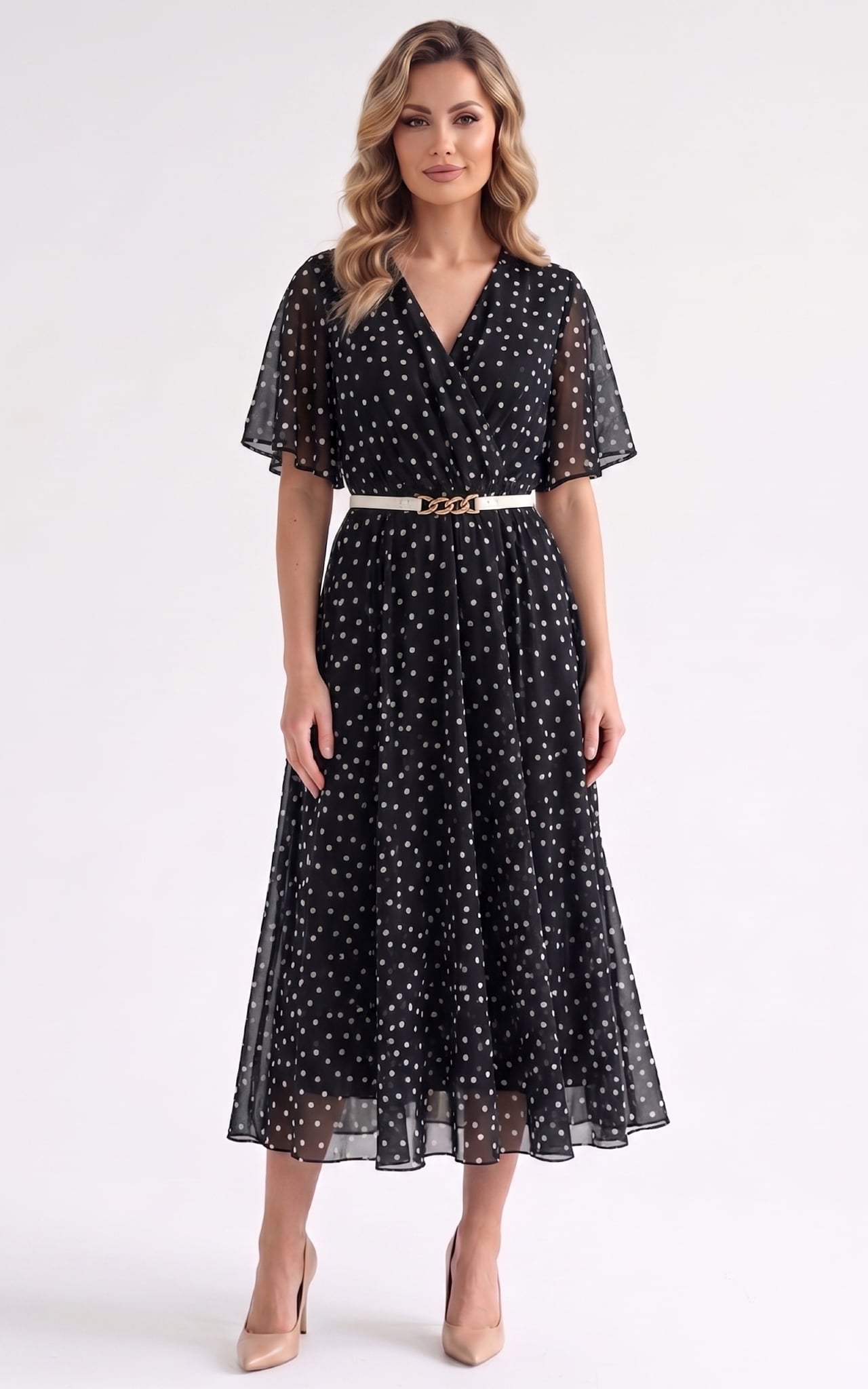 Rochii - Rochie de vara, din voal vaporos cu elastic in talie Harmonie midi negru-buline