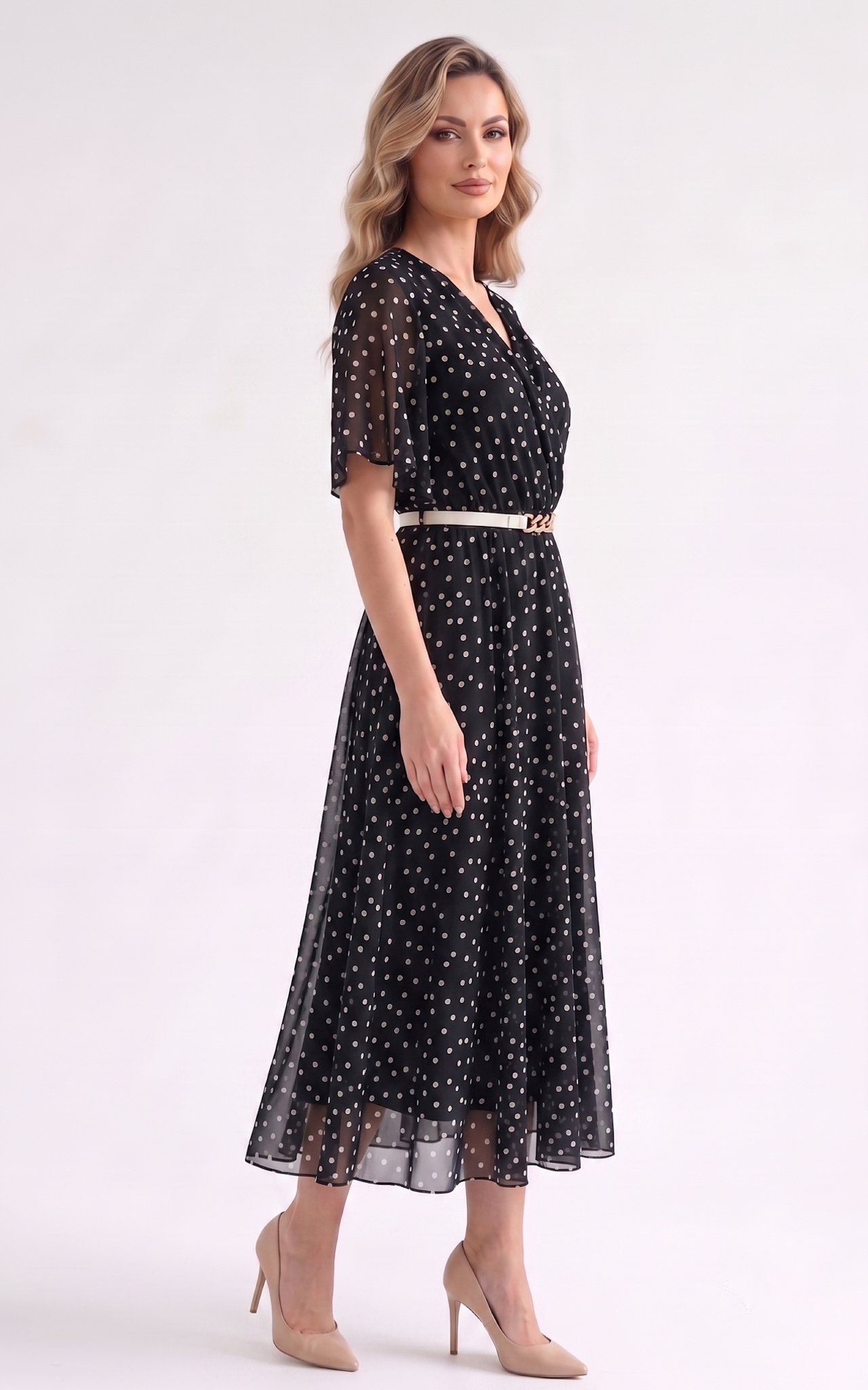 Rochie de vara, din voal vaporos cu elastic in talie Harmonie midi negru-buline [2]