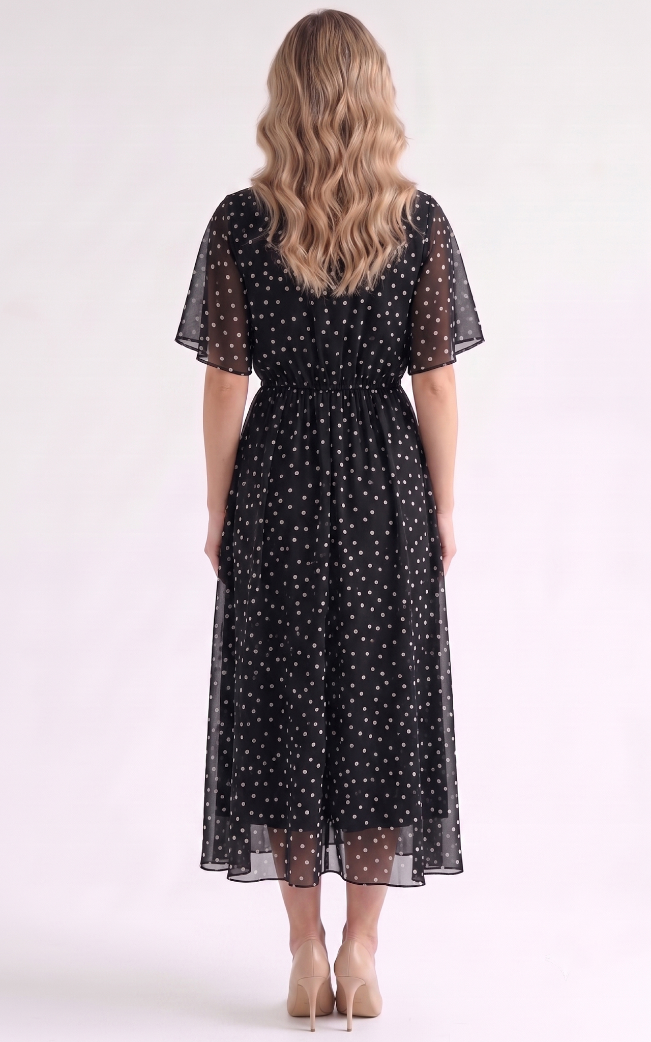 Rochie de vara, din voal vaporos cu elastic in talie Harmonie midi negru-buline [4]
