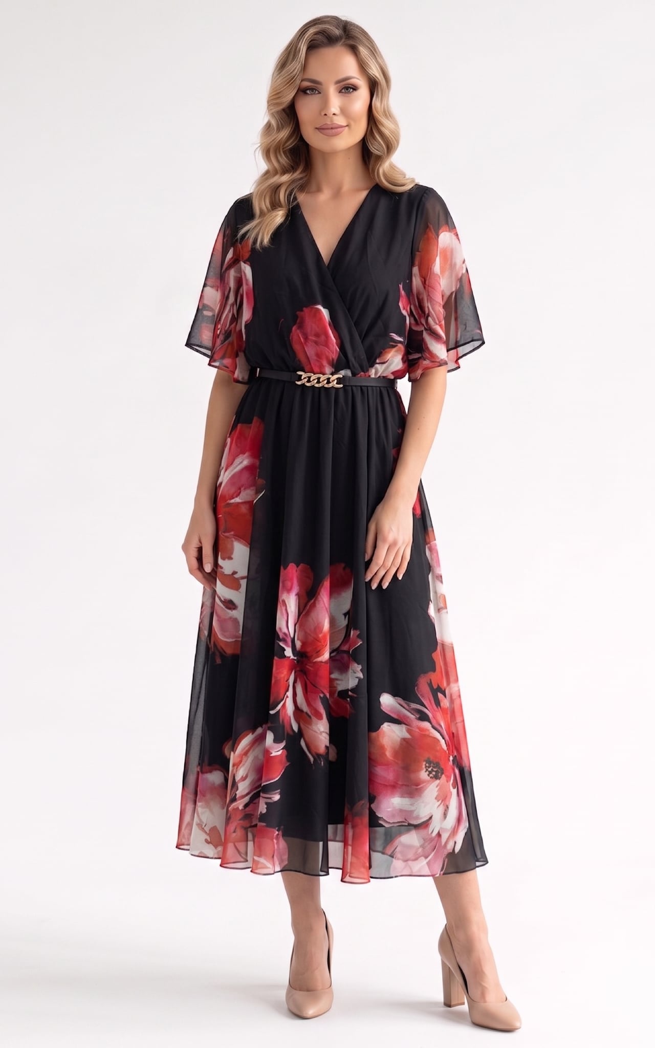 Rochii de banchet - Rochie de vara Harmonie midi negru hibiscus