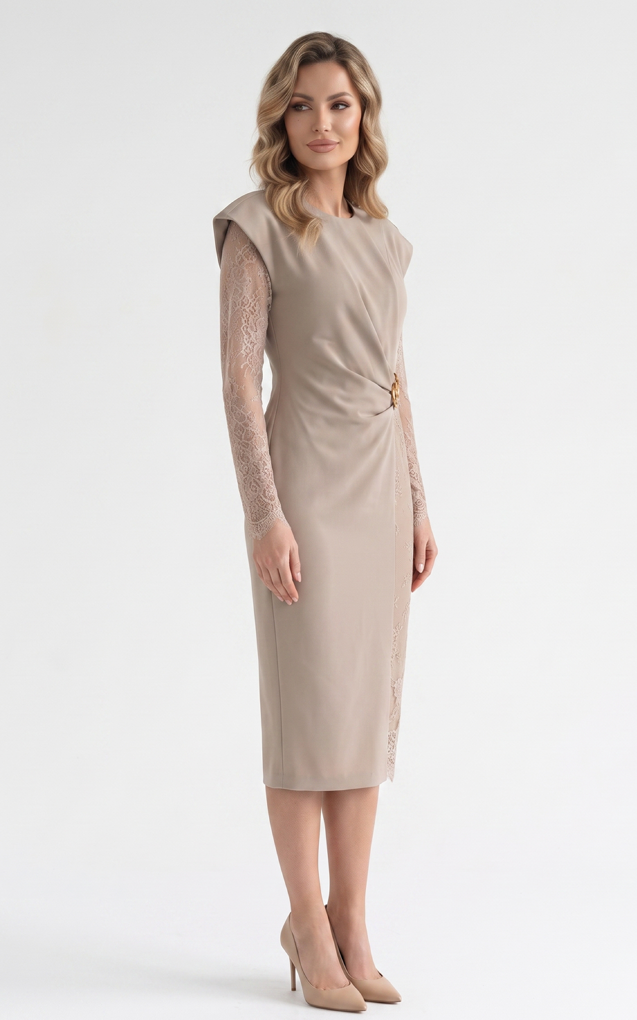 Rochie din stofa cu dantela Hayzel bej [3]