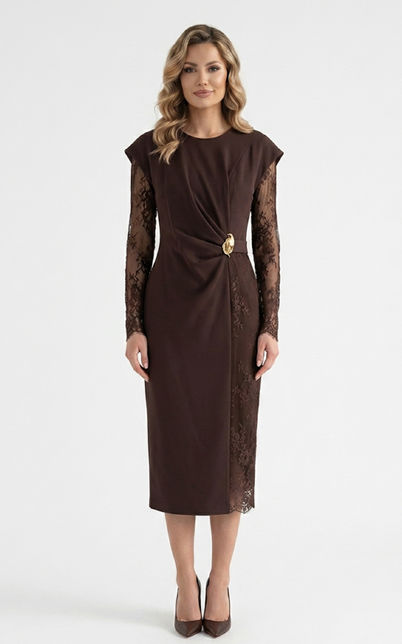 Rochie din stofa cu dantela Hayzel maro [2]