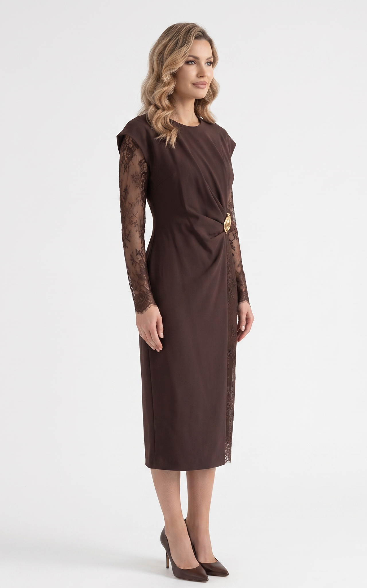 Rochie din stofa cu dantela Hayzel maro [4]