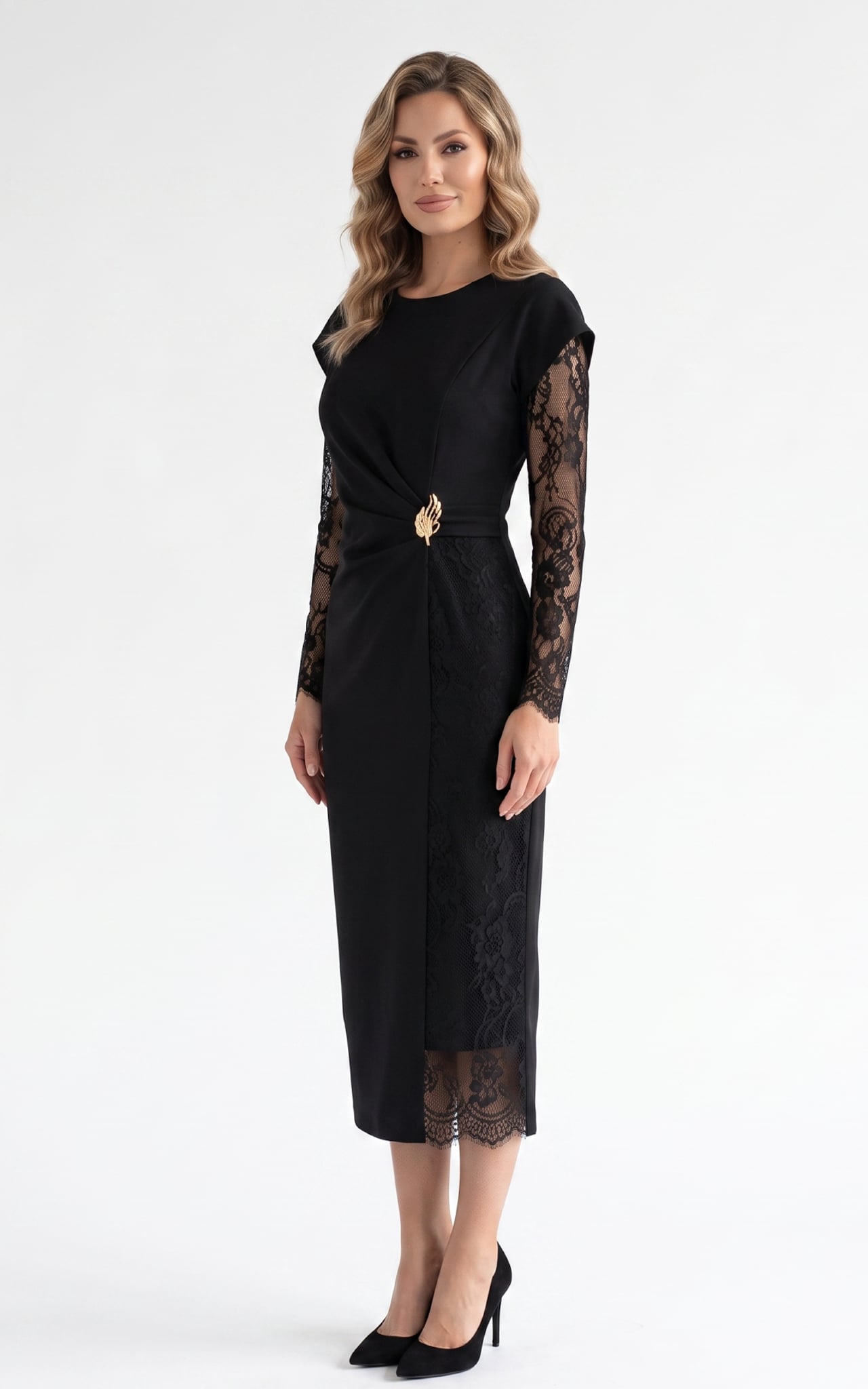 Rochii lungi - Rochie din stofa cu dantela Hayzel neagra