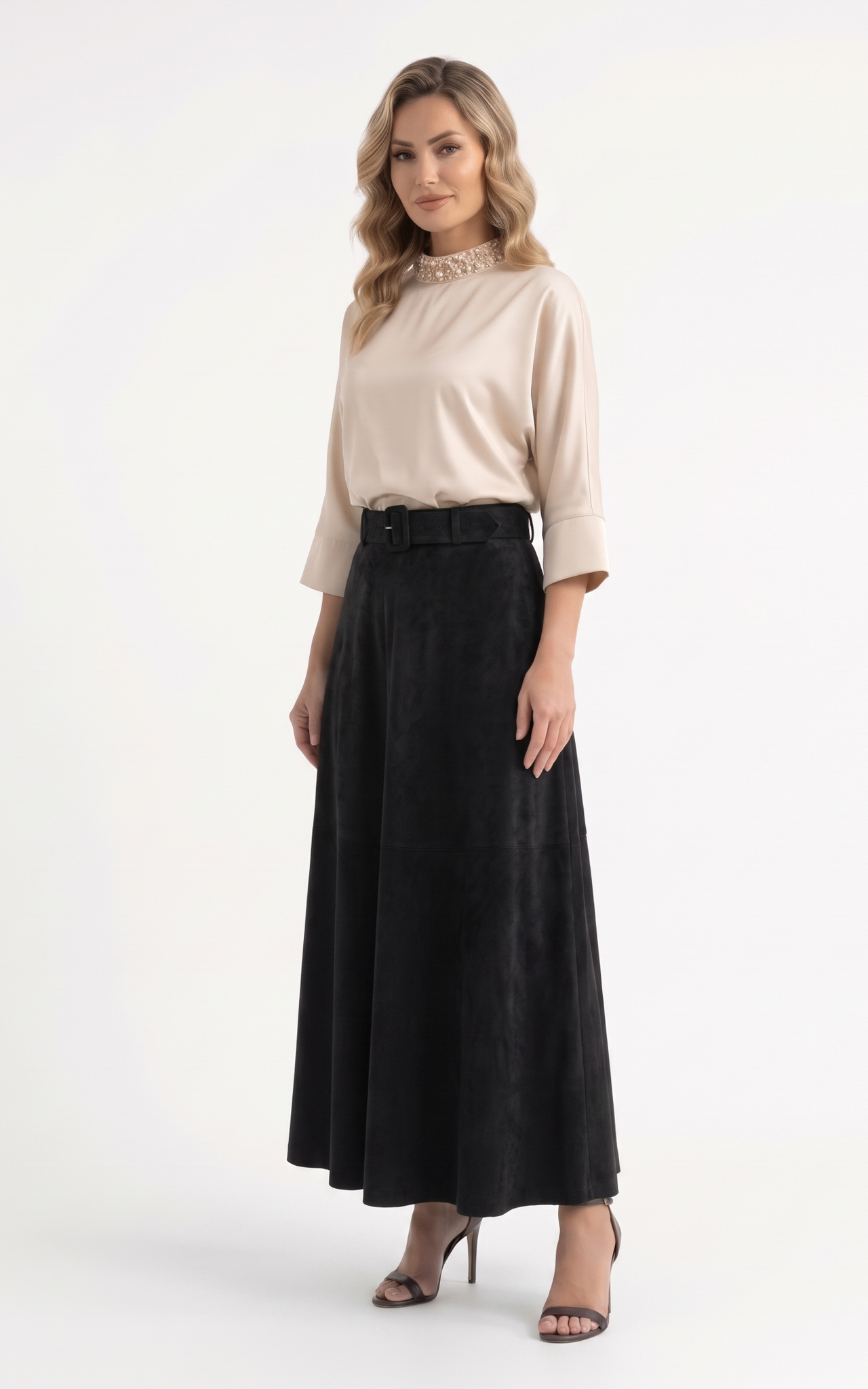 Fusta Jocelyn de piele intoarsa vegana - 102 cm neagra [3]