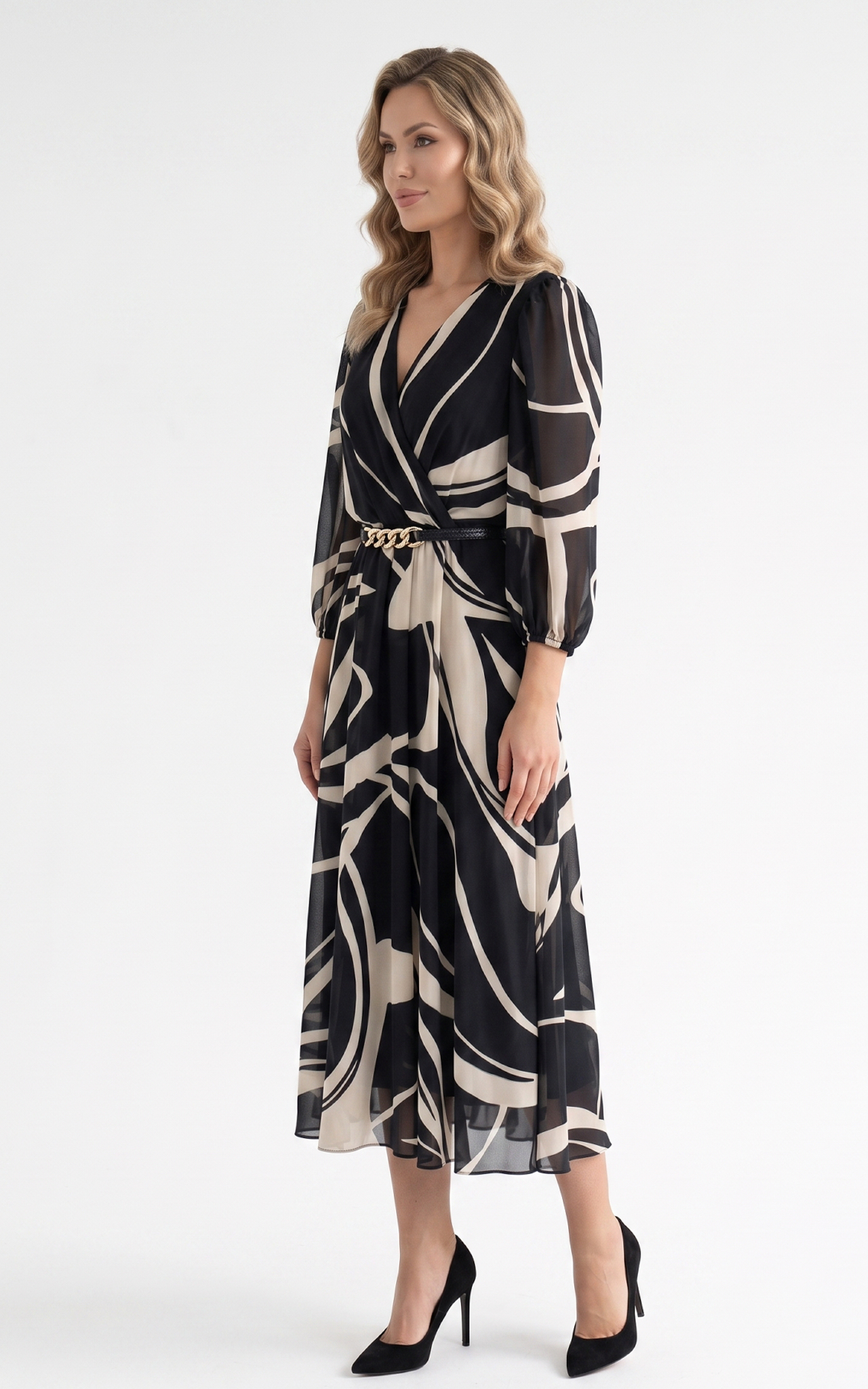 Rochie din voal vaporos cu elastic in talie Giulianna midi neagra [2]