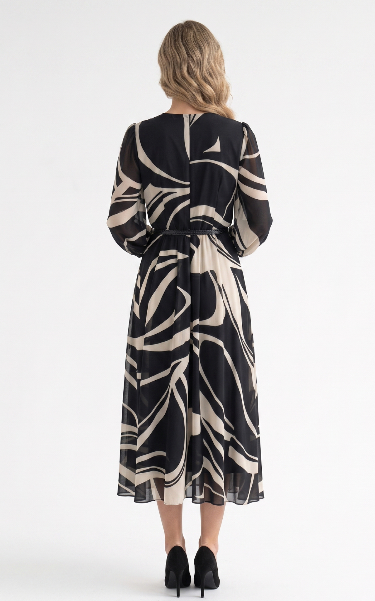 Rochie din voal vaporos cu elastic in talie Giulianna midi neagra [4]