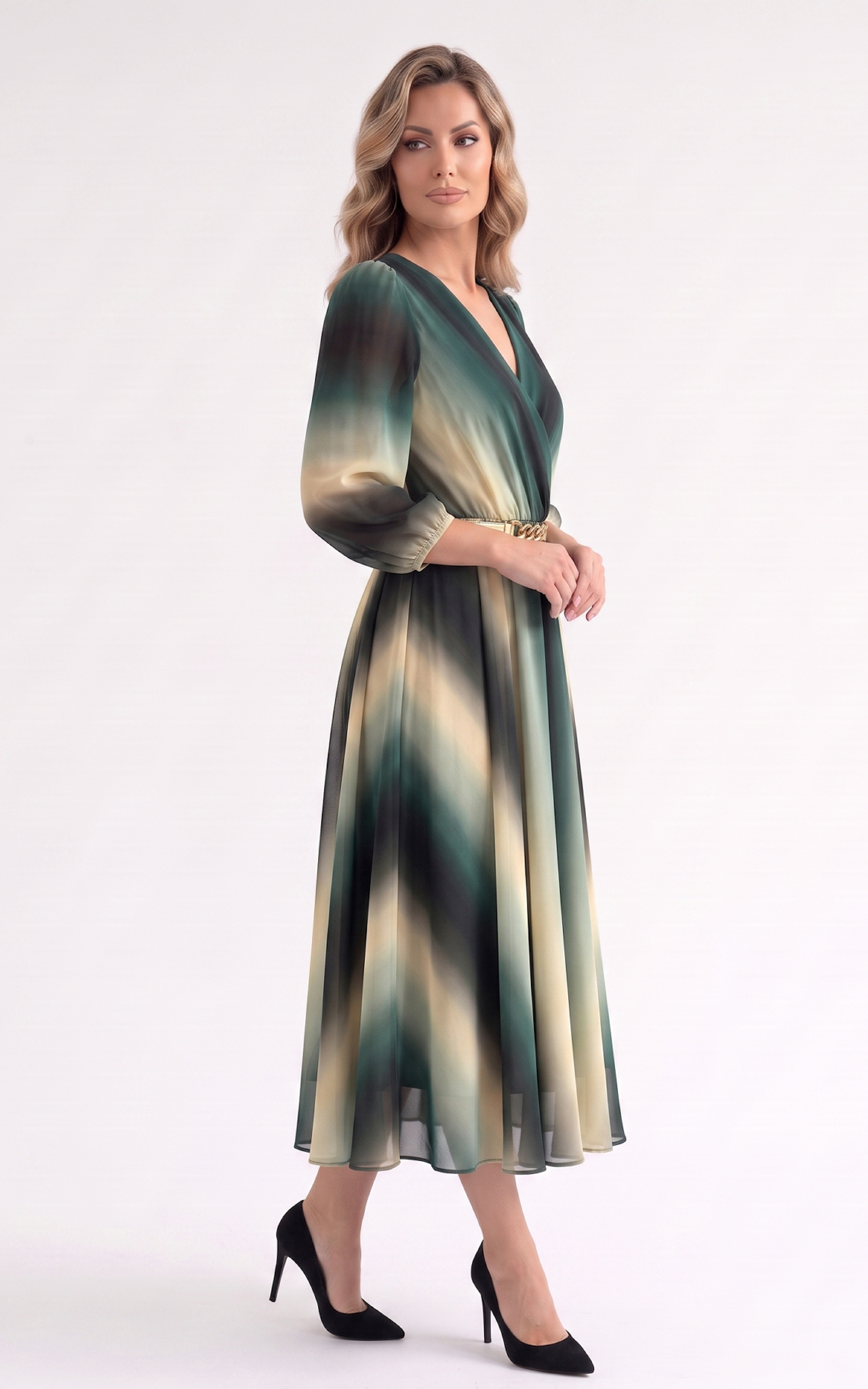 Rochie din voal vaporos cu elastic in talie Giulianna midi verde [2]