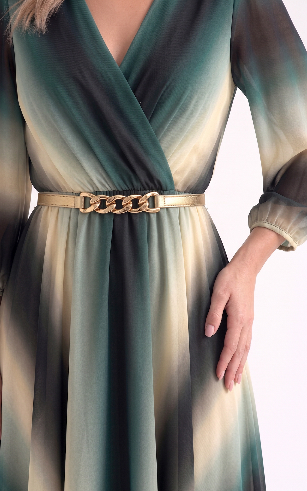 Rochie din voal vaporos cu elastic in talie Giulianna midi verde [3]