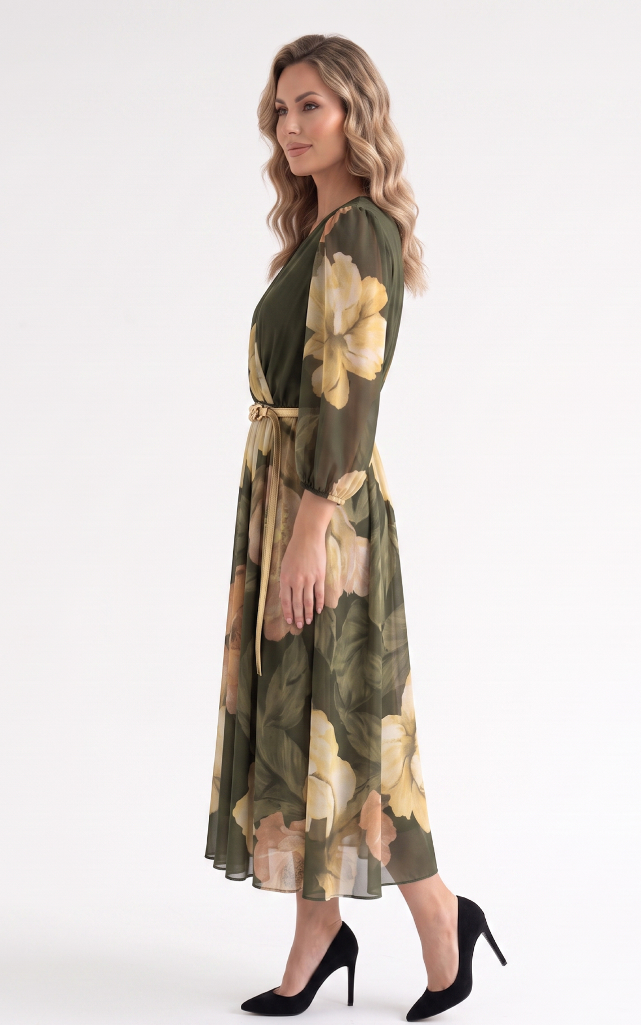 Rochie din voal vaporos cu elastic in talie Giulianna midi verde inchis [2]
