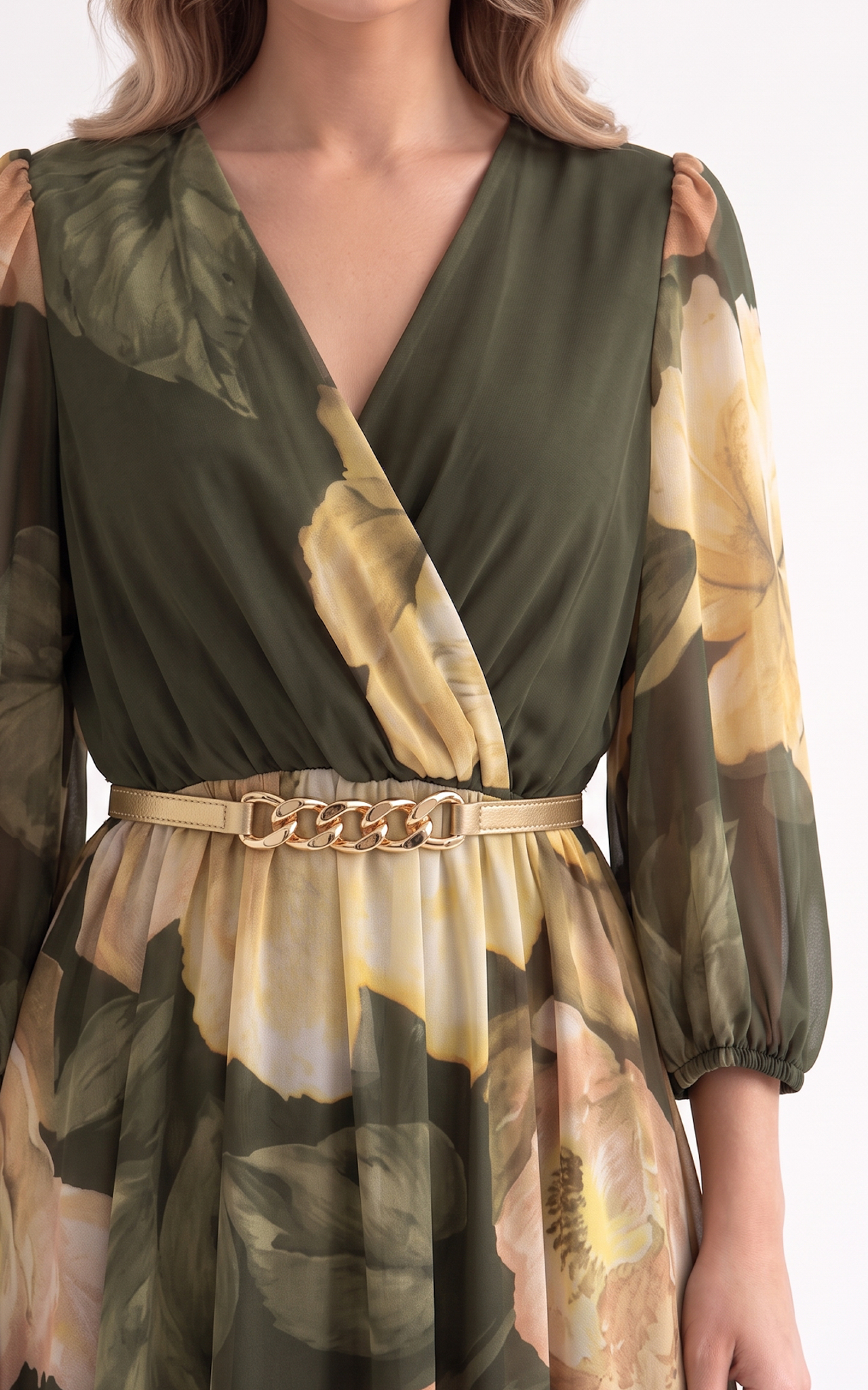 Rochie din voal vaporos cu elastic in talie Giulianna midi verde inchis [3]