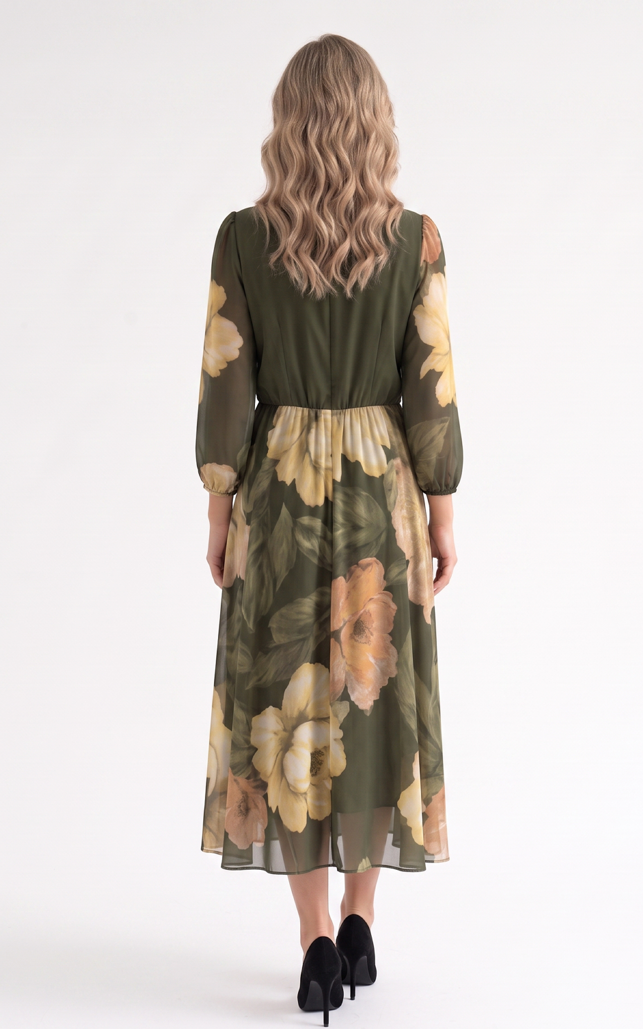 Rochie din voal vaporos cu elastic in talie Giulianna midi verde inchis [4]
