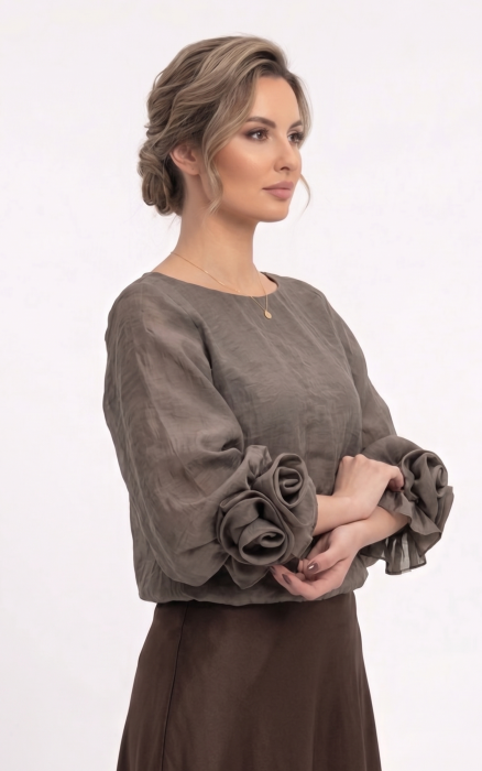 Bluza din batist cu trandafiri Genevie maro-cenușiu [2]