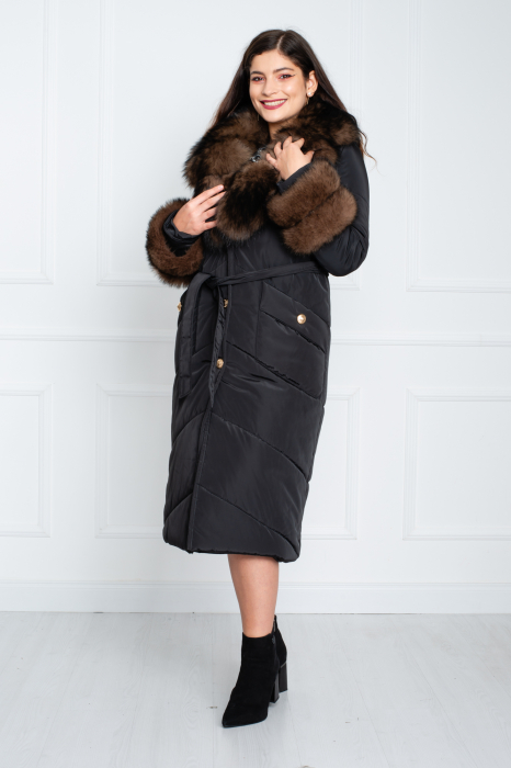 Geaca de blană naturală și cașmir Avani midi neagra [3]
