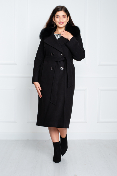 Palton de blană naturală și cașmir Avalon midi negru [2]