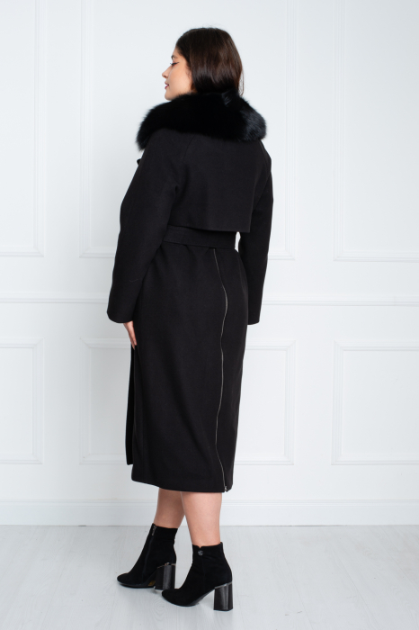 Palton de blană naturală și cașmir Avalon midi negru [4]