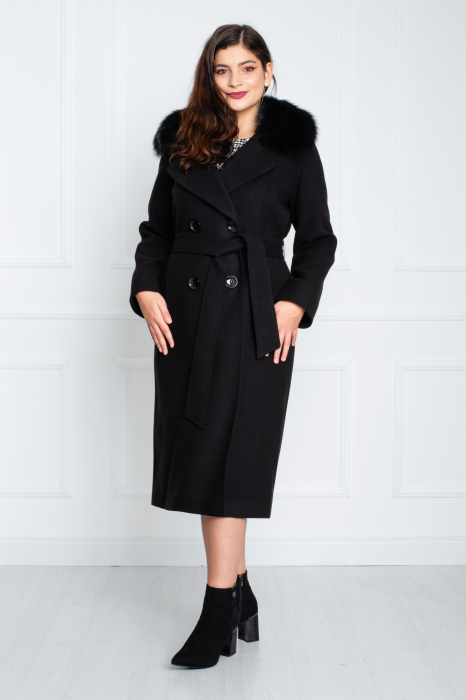 Palton de blană naturală și cașmir Avalon midi negru [3]