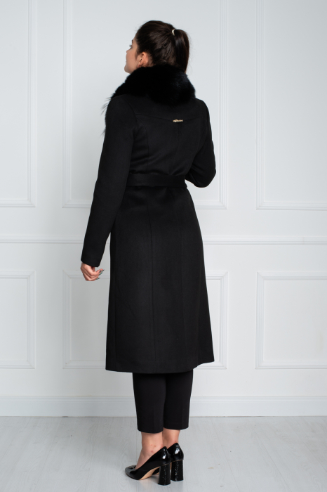 Palton de lână si blană naturală Averie midi negru [4]