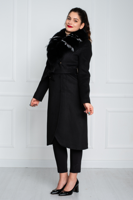 Palton de lână si blană naturală Averie midi negru [3]