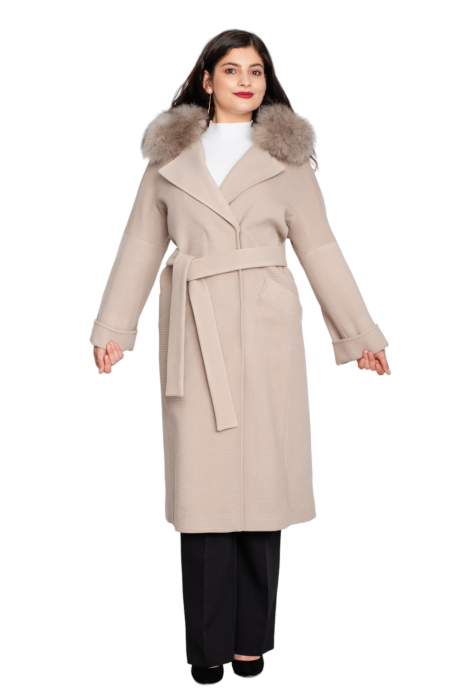 Palton de blană naturală și cașmir Avery midi crem [5]