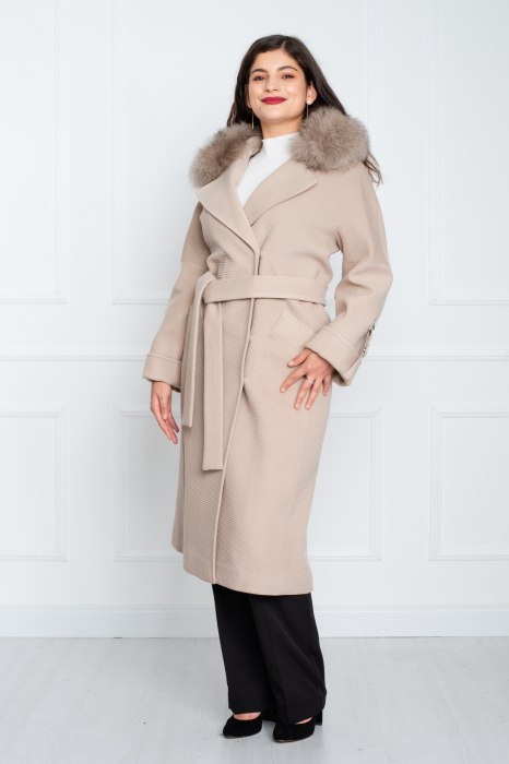 Palton de blană naturală și cașmir Avery midi crem [2]