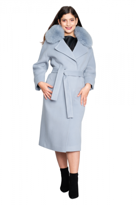 Palton de blană naturală și cașmir Aviana midi bleu [5]
