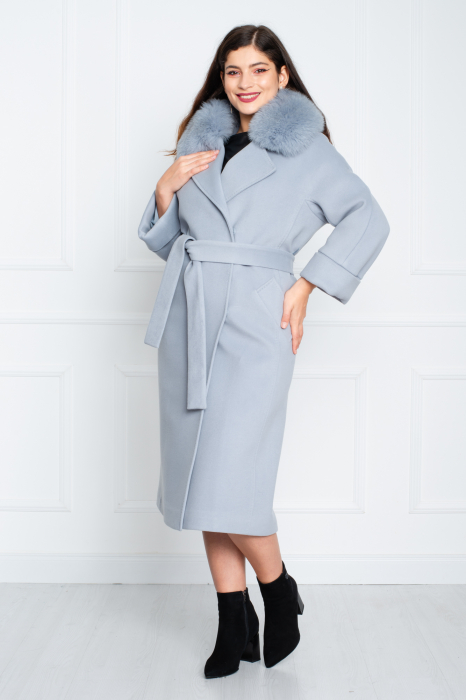 Palton de blană naturală și cașmir Aviana midi bleu [3]