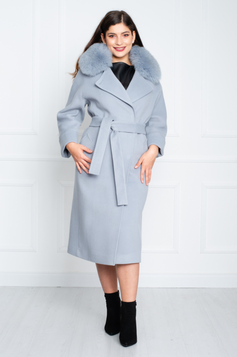 Palton de blană naturală și cașmir Aviana midi bleu [2]