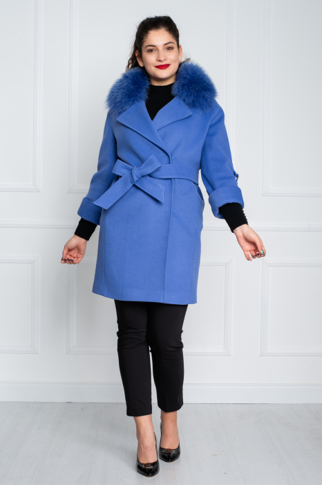Palton de blană naturală și cașmir Bean scurt albastru [2]